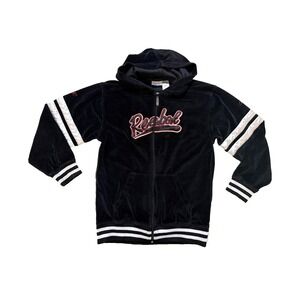 Reebok Y2K Hoodie Women SM Black Velour Zip Up Jacket Striped Sleeves Retro RARE